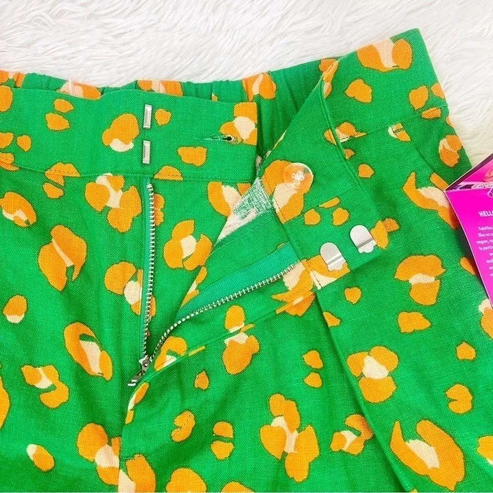 Tabitha Brown Green Orange Leopard Print Linen Shorts Size XS
